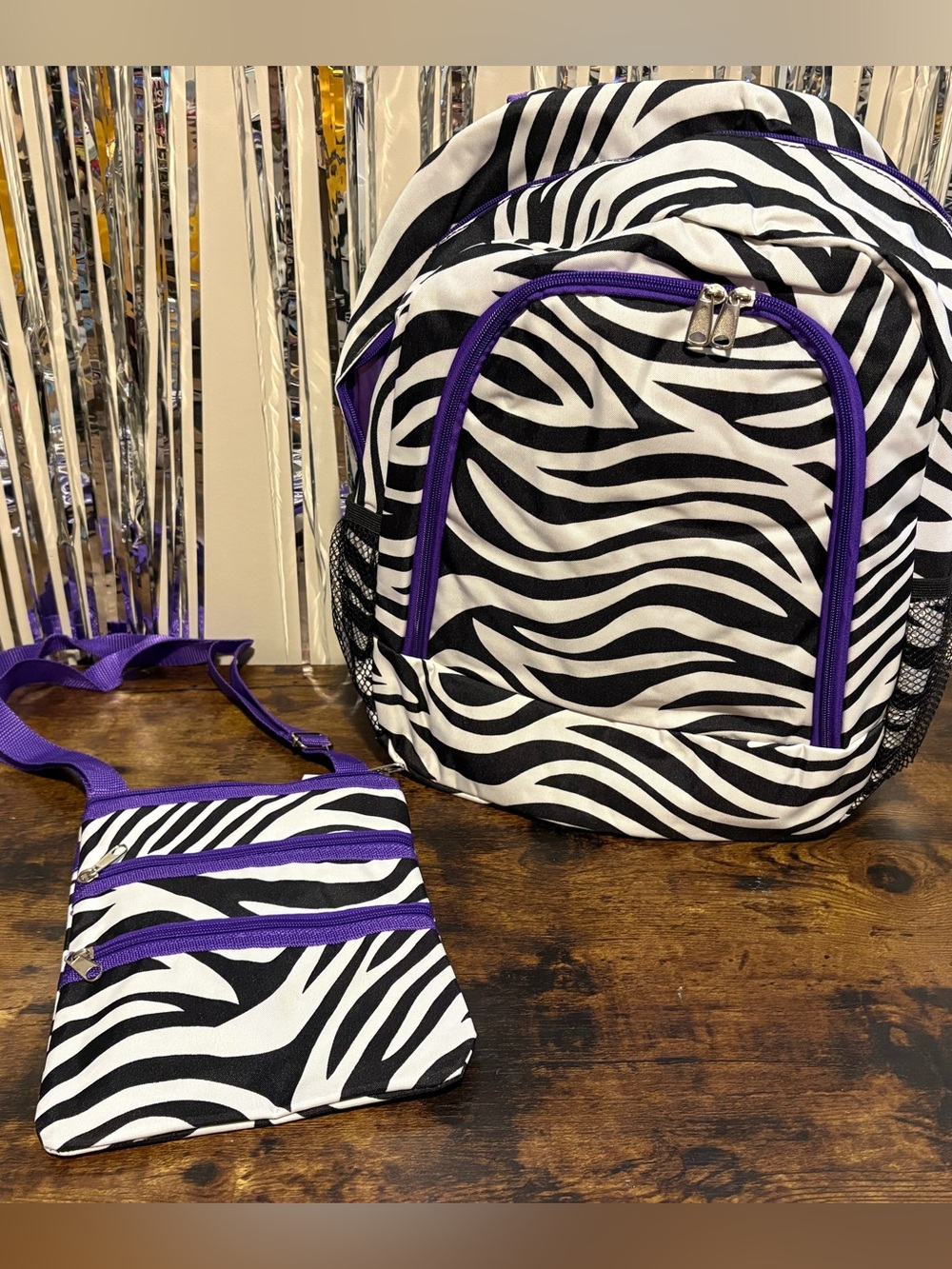 Zebra Print Full-Size Backpack & Crossbody Set with Purple Trim